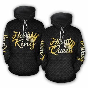 Custom Name Couple Matching 3D Hoodie Her King His Queen
