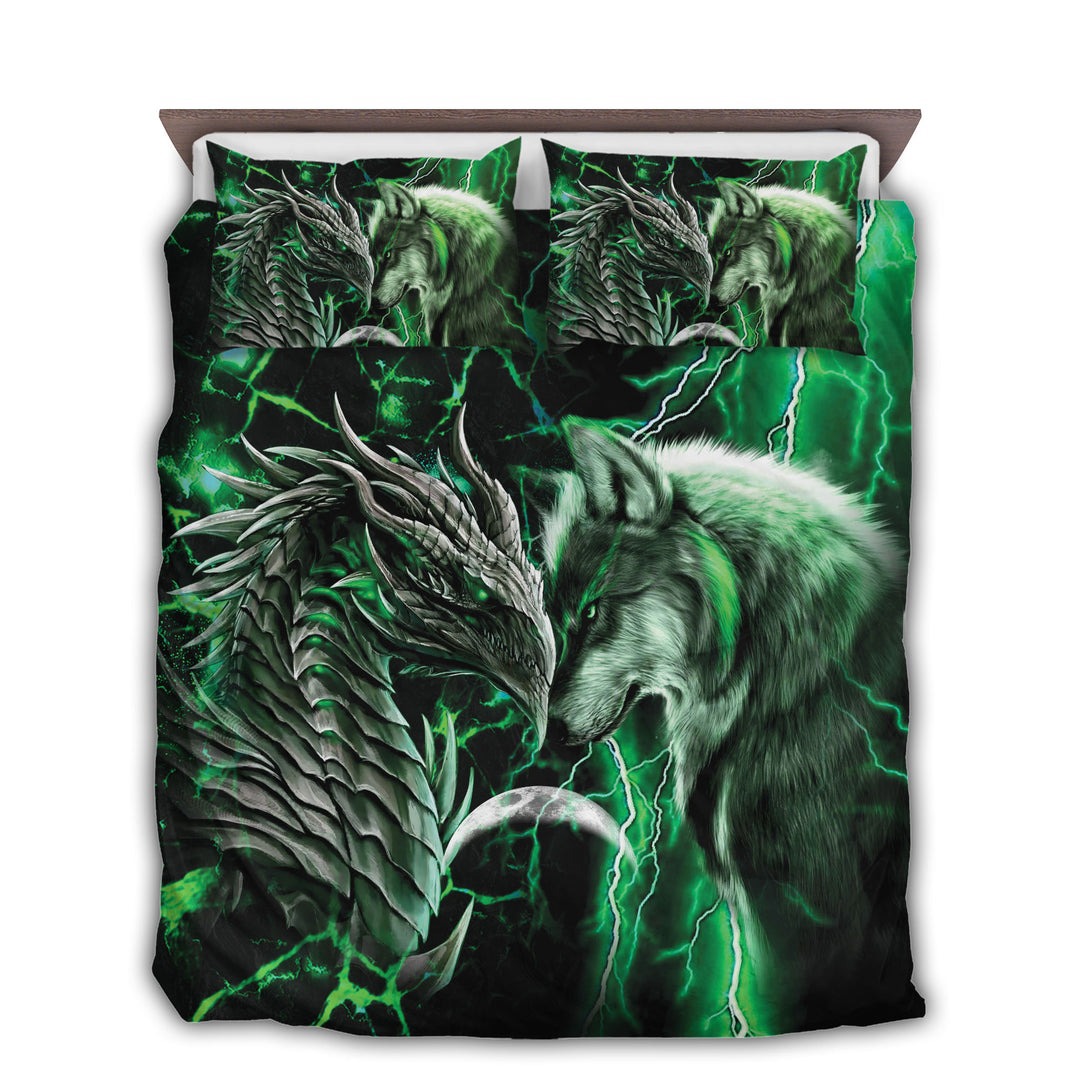 Dragon And Wolf Bedding Set Green