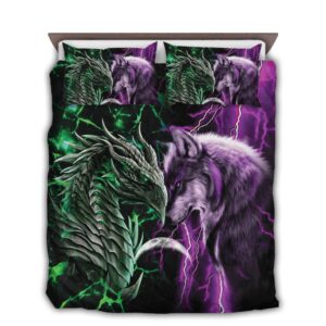Dragon And Wolf Bedding Set Green Mix Purple