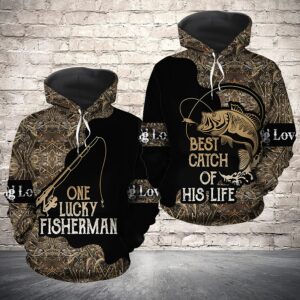 Matching Fishing Couple 3D All Over Hoodie One Lucky Fisherman Best Catch Of His Life