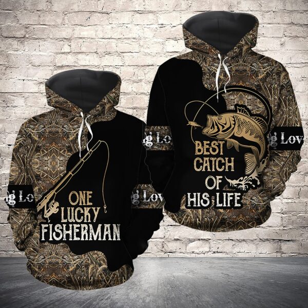 Matching Fishing Couple 3D All Over Hoodie One Lucky Fisherman Best Catch Of His Life