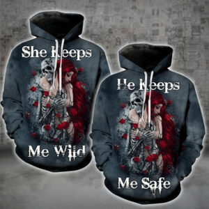 Matching Skull Couple All Over Hoodie He Keeps Me Safe She Keeps Me Wild