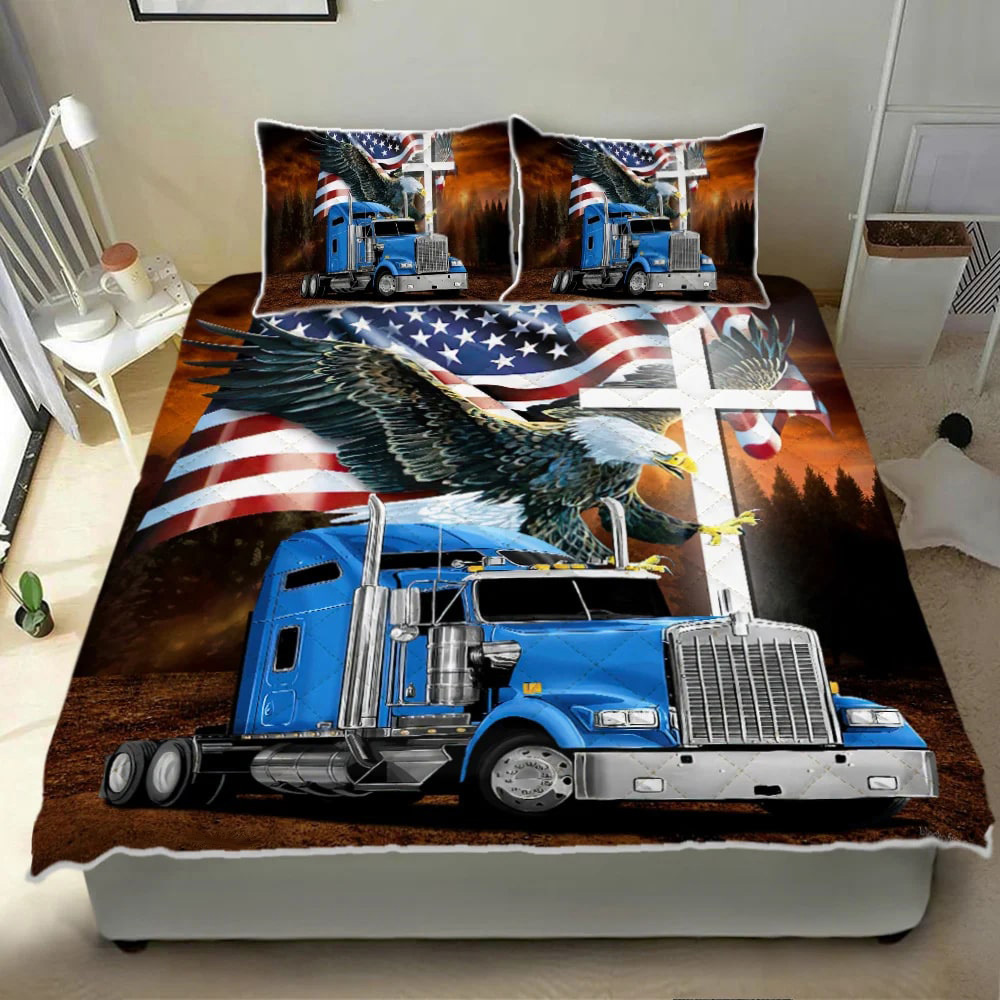 Truck Driver Bedding Set Jesus American Flag Eagle Blue Truck