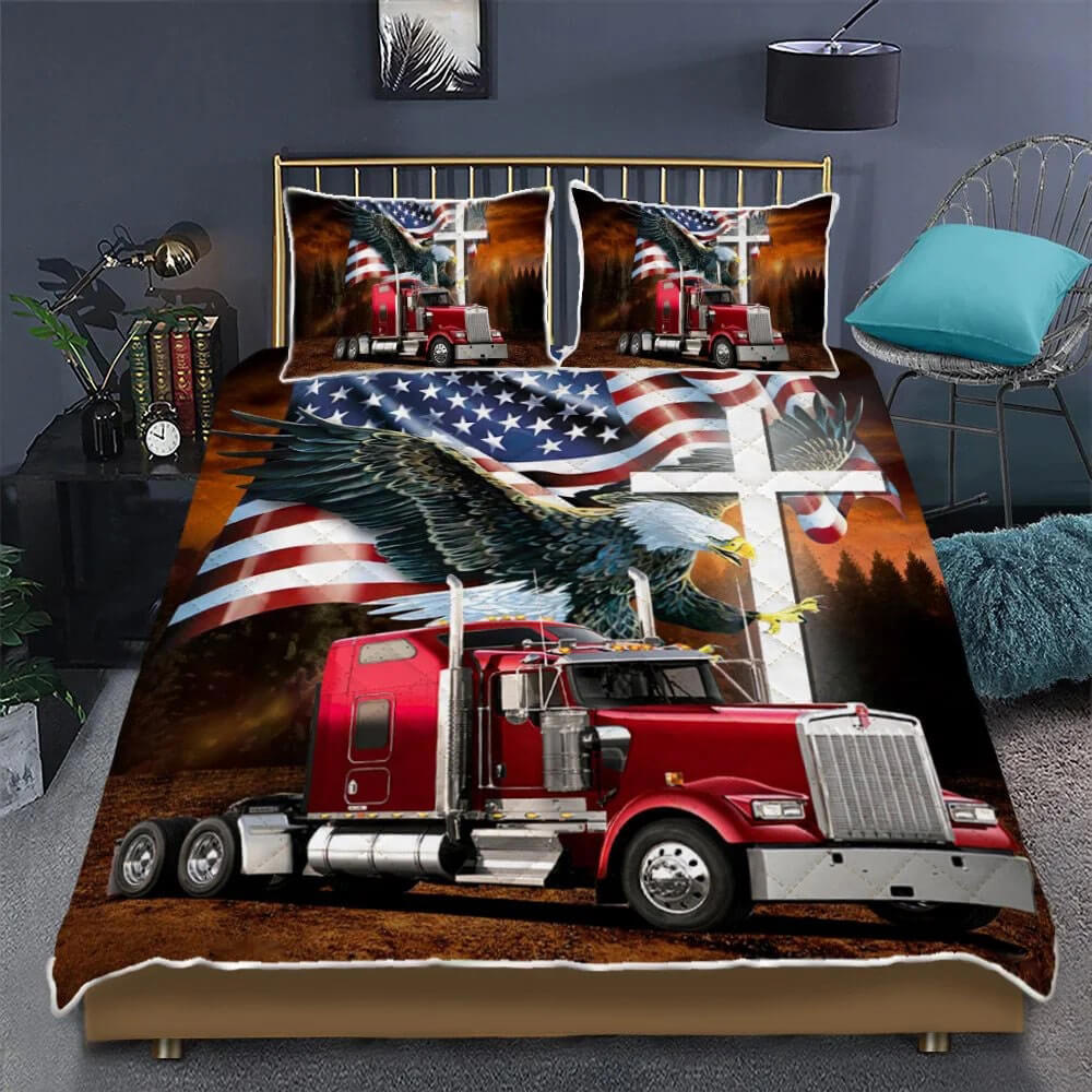 Truck Driver Bedding Set Jesus American Flag Eagle Red Truck Bedding Set